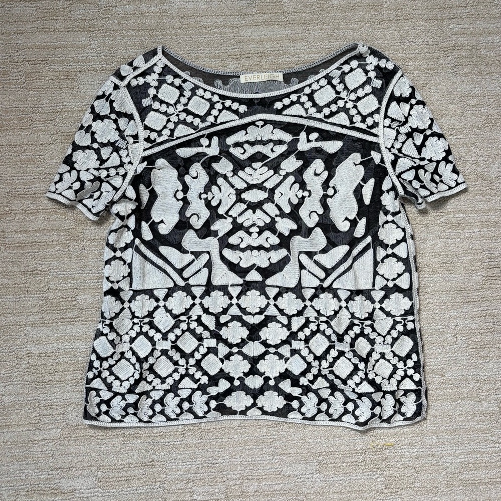 Anthropologie Everleigh Black & Cream Embroidered Short-Sleeve Top